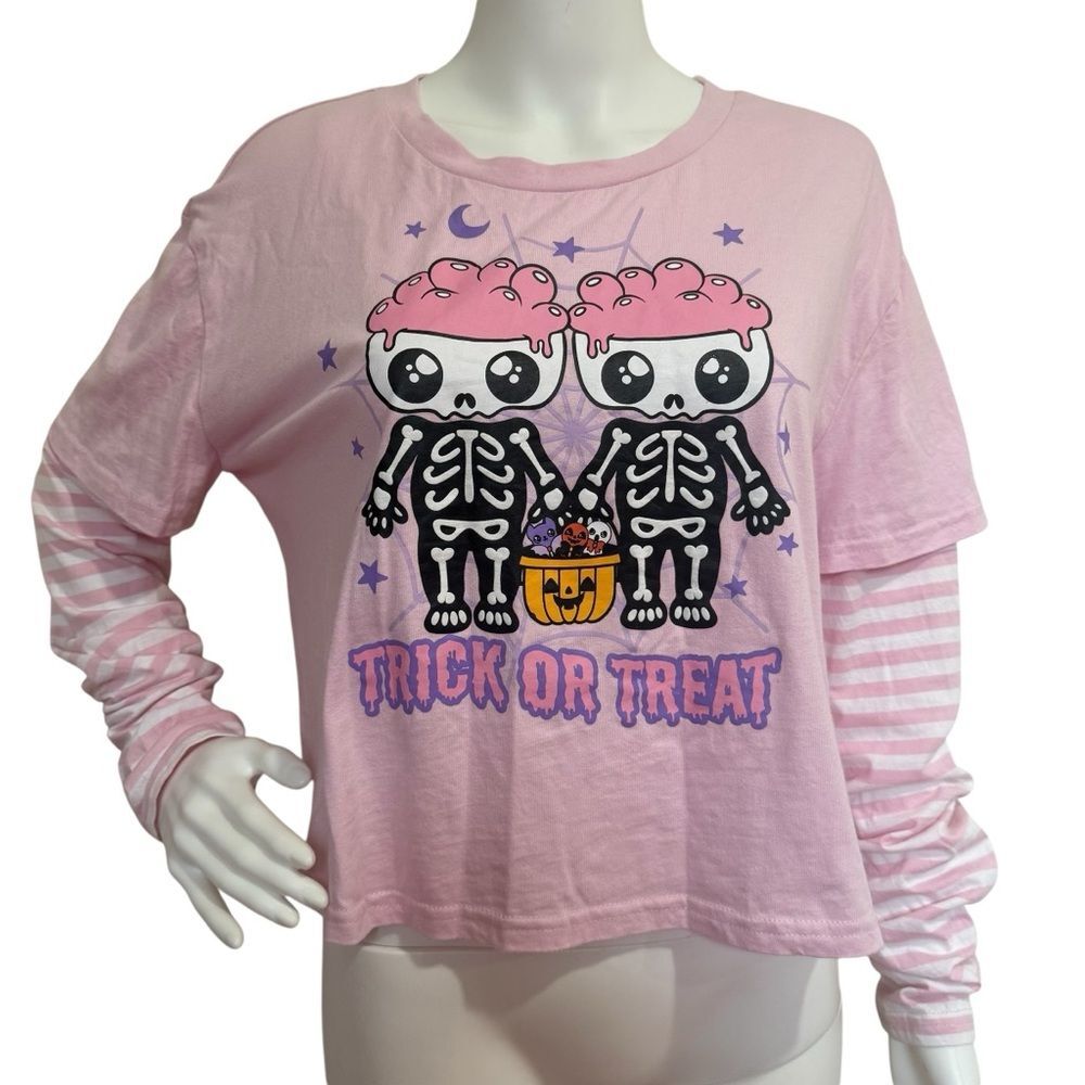Sweet Society Skeleton Pink Stripe Twofer Shirt Trick or Treat Sz L Kawaii